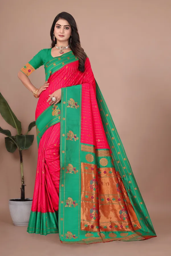 Pure_Silk_Paithani_Saree_with_Rich_Zari_Woven_Border_&_Peacock_Motifs_|_For_Traditional_Wedding_&_Festivals_|_5.5m_Saree_+_0.8m_Blouse_(Pink_&_Mint_Green)
