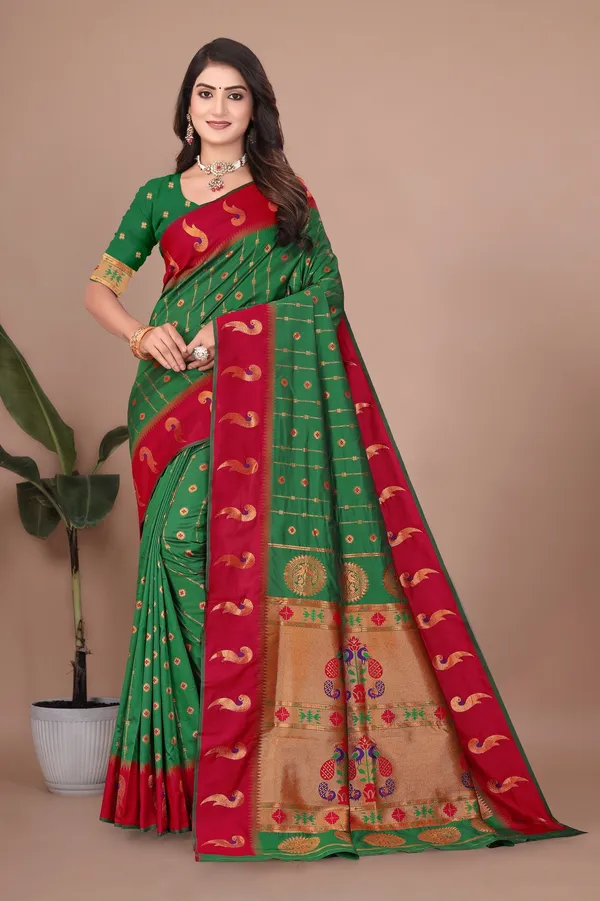 Pure_Silk_Paithani_Saree_with_Rich_Zari_Woven_Border_&_Peacock_Motifs_|_For_Traditional_Wedding_&_Festivals_|_5.5m_Saree_+_0.8m_Blouse_(Deep_Green_&_Red)