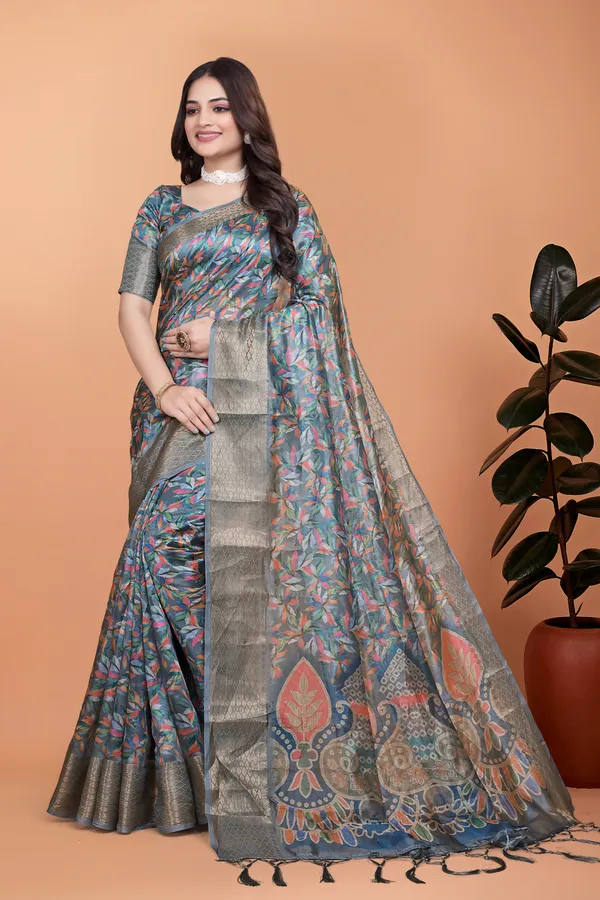 Grey_&_Multicolor_Women's_Elegant_Soft_Silk_Blend_Saree_with_Zari_Border_&_Designer_Printed_Pallu_for_Women_|_For_Traditional,_Festive_&_Wedding_|_5.5m_Saree_+_0.8m_Blouse