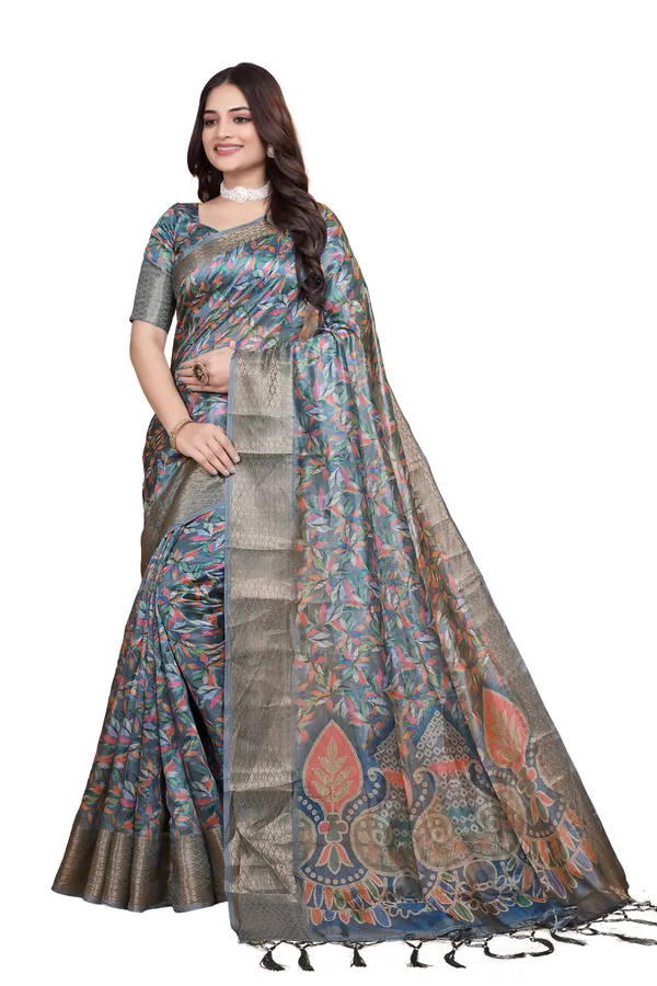 Grey_&_Multicolor_Women's_Elegant_Soft_Silk_Blend_Saree_with_Zari_Border_&_Designer_Printed_Pallu_for_Women_|_For_Traditional,_Festive_&_Wedding_|_5.5m_Saree_+_0.8m_Blouse