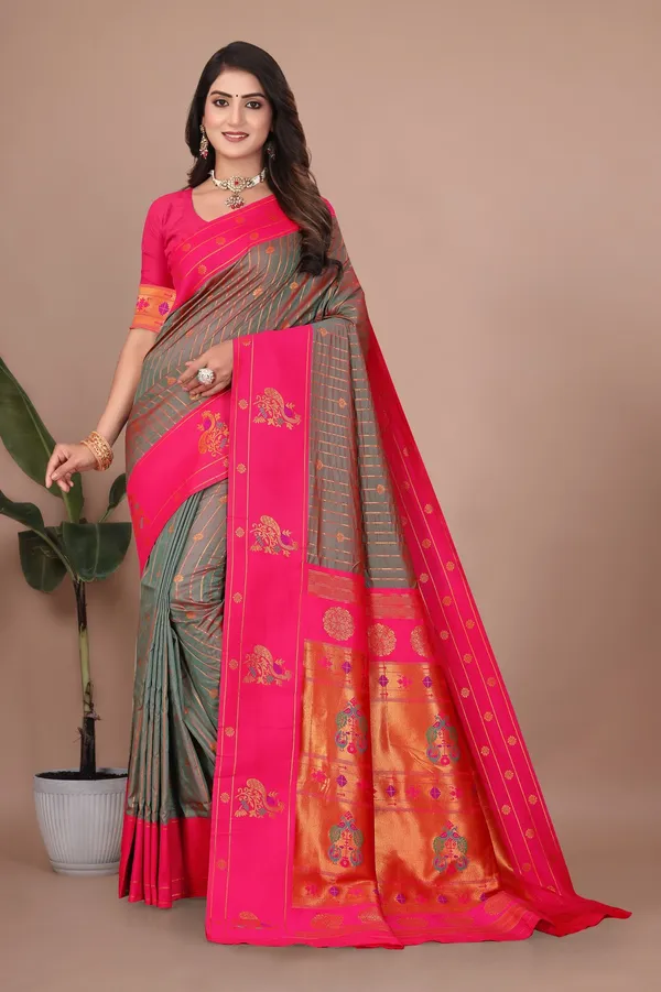 Pure_Silk_Paithani_Saree_with_Rich_Zari_Woven_Border_&_Peacock_Motifs_|_For_Traditional_Wedding_&_Festivals_|_5.5m_Saree_+_0.8m_Blouse_(Reddish_Grey_&_Pink)