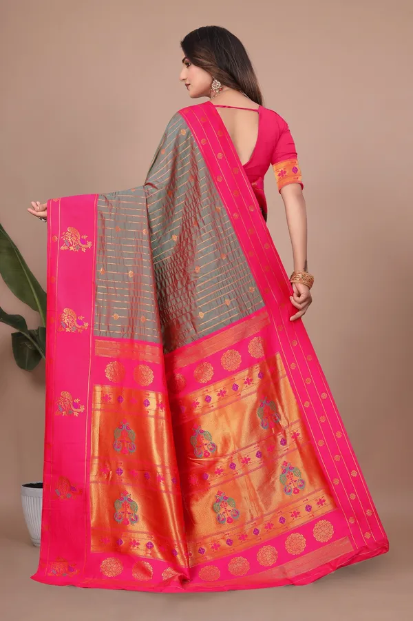 Pure_Silk_Paithani_Saree_with_Rich_Zari_Woven_Border_&_Peacock_Motifs_|_For_Traditional_Wedding_&_Festivals_|_5.5m_Saree_+_0.8m_Blouse_(Reddish_Grey_&_Pink)