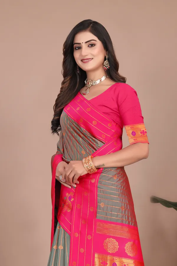 Pure_Silk_Paithani_Saree_with_Rich_Zari_Woven_Border_&_Peacock_Motifs_|_For_Traditional_Wedding_&_Festivals_|_5.5m_Saree_+_0.8m_Blouse_(Reddish_Grey_&_Pink)