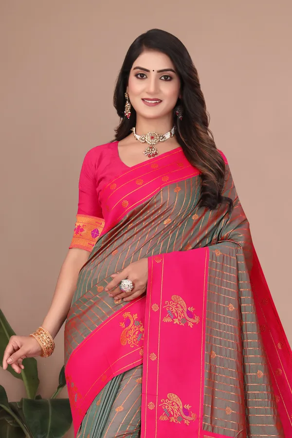 Pure_Silk_Paithani_Saree_with_Rich_Zari_Woven_Border_&_Peacock_Motifs_|_For_Traditional_Wedding_&_Festivals_|_5.5m_Saree_+_0.8m_Blouse_(Reddish_Grey_&_Pink)