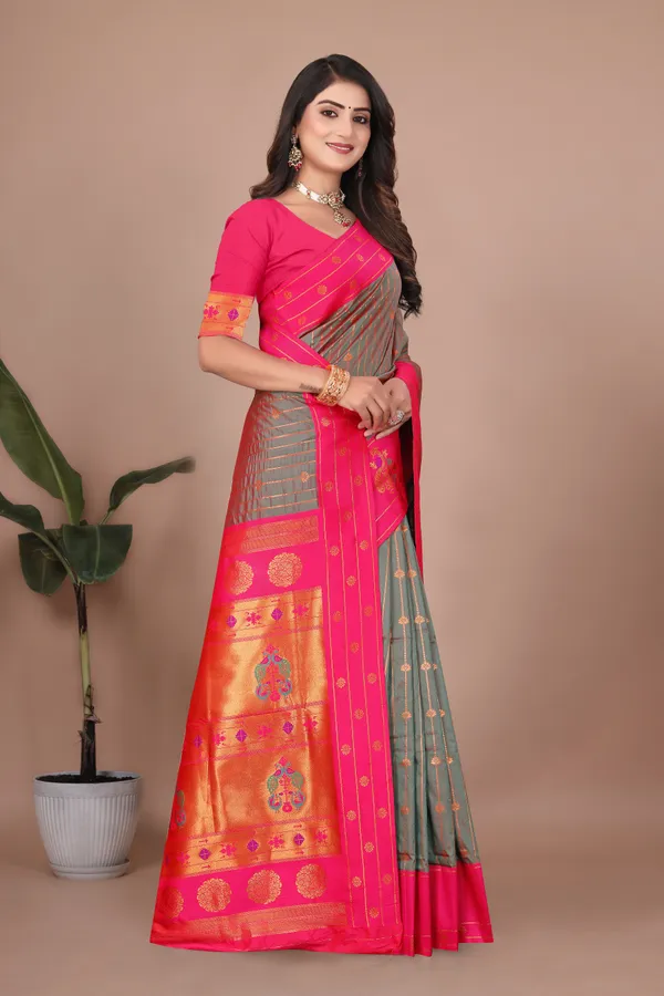 Pure_Silk_Paithani_Saree_with_Rich_Zari_Woven_Border_&_Peacock_Motifs_|_For_Traditional_Wedding_&_Festivals_|_5.5m_Saree_+_0.8m_Blouse_(Reddish_Grey_&_Pink)