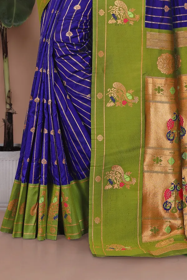 Pure_Silk_Paithani_Saree_with_Rich_Zari_Woven_Border_&_Peacock_Motifs_|_For_Traditional_Wedding_&_Festivals_|_5.5m_Saree_+_0.8m_Blouse_(Navy_Blue_&_Mehndi_Green)