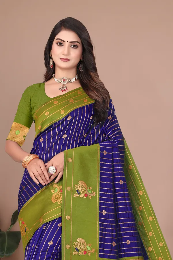 Pure_Silk_Paithani_Saree_with_Rich_Zari_Woven_Border_&_Peacock_Motifs_|_For_Traditional_Wedding_&_Festivals_|_5.5m_Saree_+_0.8m_Blouse_(Navy_Blue_&_Mehndi_Green)