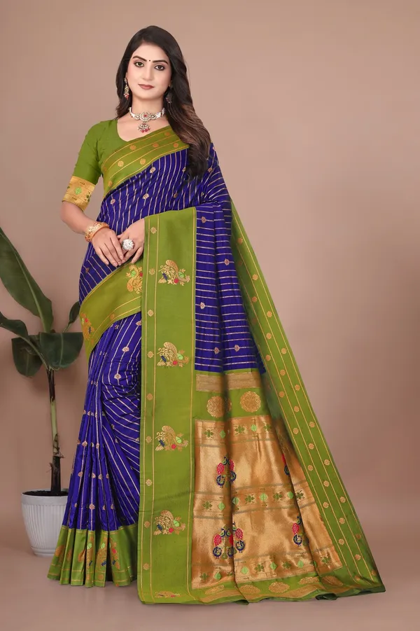 Pure_Silk_Paithani_Saree_with_Rich_Zari_Woven_Border_&_Peacock_Motifs_|_For_Traditional_Wedding_&_Festivals_|_5.5m_Saree_+_0.8m_Blouse_(Navy_Blue_&_Mehndi_Green)