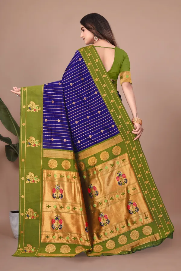 Pure_Silk_Paithani_Saree_with_Rich_Zari_Woven_Border_&_Peacock_Motifs_|_For_Traditional_Wedding_&_Festivals_|_5.5m_Saree_+_0.8m_Blouse_(Navy_Blue_&_Mehndi_Green)