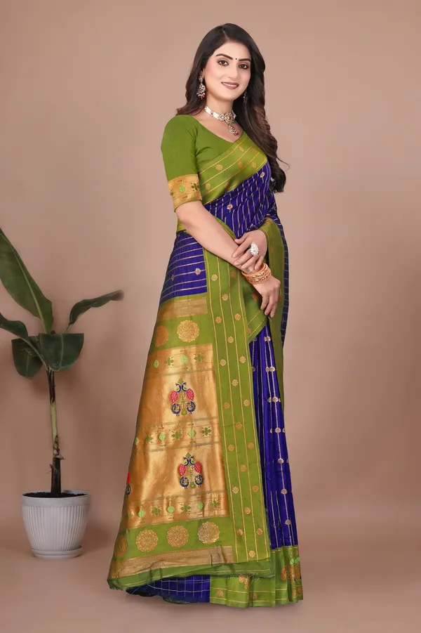 Pure_Silk_Paithani_Saree_with_Rich_Zari_Woven_Border_&_Peacock_Motifs_|_For_Traditional_Wedding_&_Festivals_|_5.5m_Saree_+_0.8m_Blouse_(Navy_Blue_&_Mehndi_Green)
