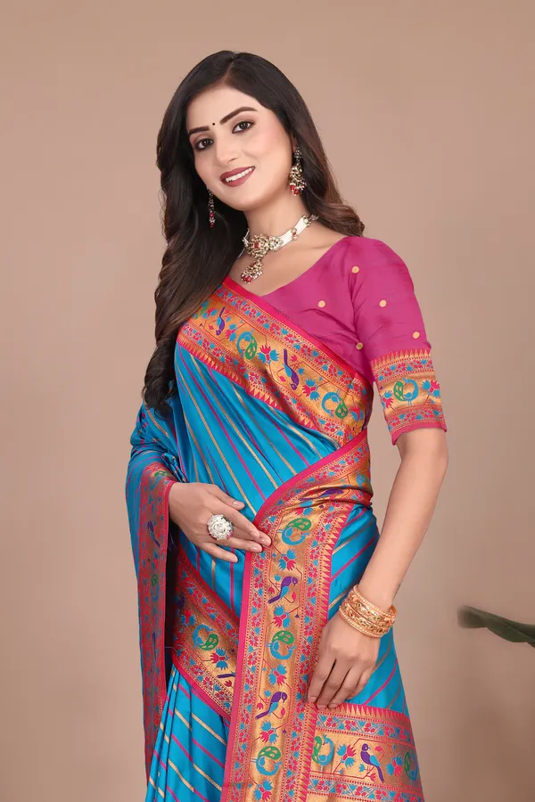 Pure_Silk_Paithani_Saree_with_Rich_Zari_Tree_&_Peacock_Motifs_|_For_Traditional_Wedding_&_Festivals_|_5.5m_Saree_+_0.8m_Blouse_(Sky_Blue_&_Pink)