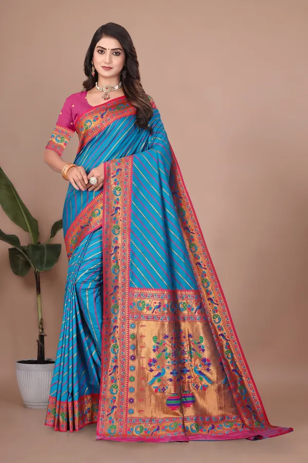 Pure_Silk_Paithani_Saree_with_Rich_Zari_Tree_&_Peacock_Motifs_|_For_Traditional_Wedding_&_Festivals_|_5.5m_Saree_+_0.8m_Blouse_(Sky_Blue_&_Pink)