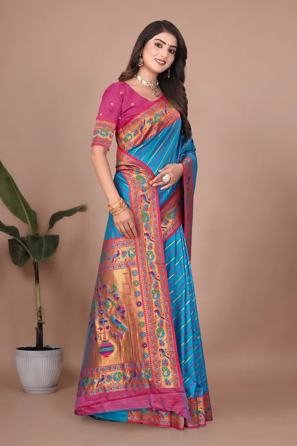 Pure_Silk_Paithani_Saree_with_Rich_Zari_Tree_&_Peacock_Motifs_|_For_Traditional_Wedding_&_Festivals_|_5.5m_Saree_+_0.8m_Blouse_(Sky_Blue_&_Pink)