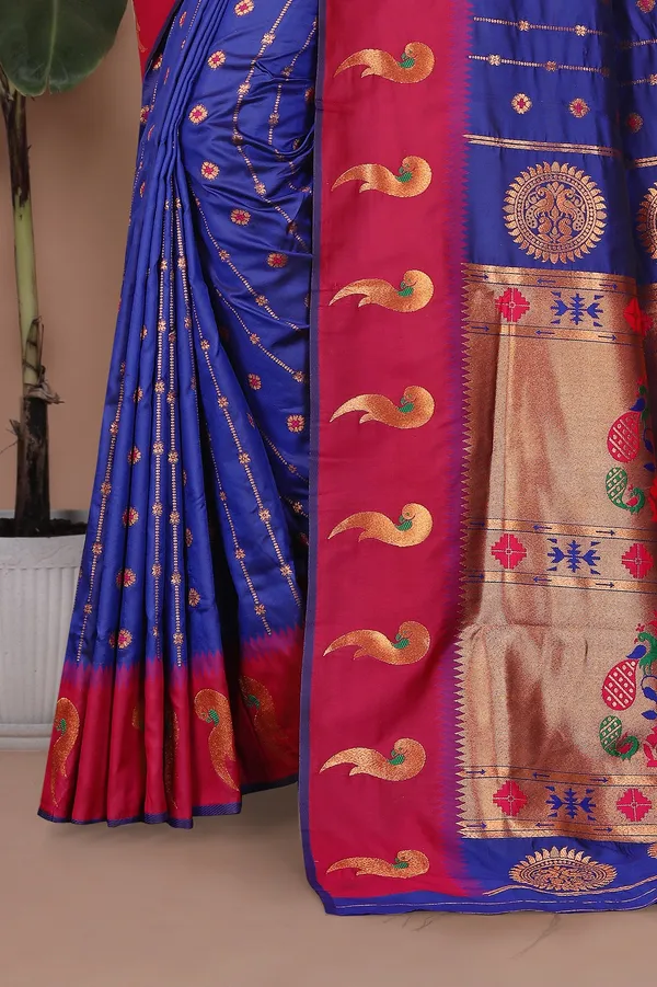 Pure_Silk_Paithani_Saree_with_Rich_Zari_Woven_Border_&_Peacock_Motifs_|_For_Traditional_Wedding_&_Festivals_|_5.5m_Saree_+_0.8m_Blouse_(Royal_Blue_&_Maroon)
