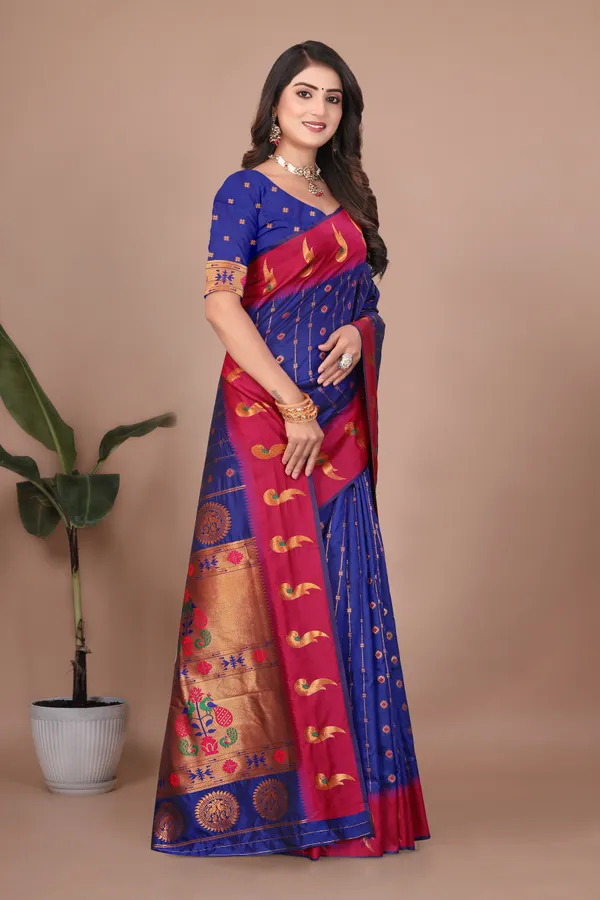 Pure_Silk_Paithani_Saree_with_Rich_Zari_Woven_Border_&_Peacock_Motifs_|_For_Traditional_Wedding_&_Festivals_|_5.5m_Saree_+_0.8m_Blouse_(Royal_Blue_&_Maroon)
