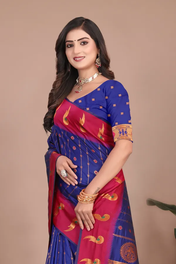 Pure_Silk_Paithani_Saree_with_Rich_Zari_Woven_Border_&_Peacock_Motifs_|_For_Traditional_Wedding_&_Festivals_|_5.5m_Saree_+_0.8m_Blouse_(Royal_Blue_&_Maroon)
