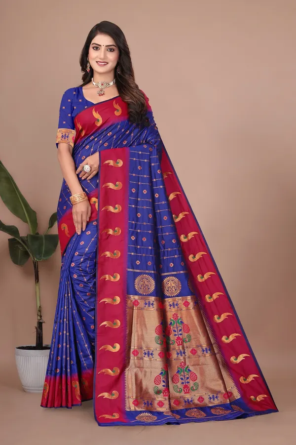 Pure_Silk_Paithani_Saree_with_Rich_Zari_Woven_Border_&_Peacock_Motifs_|_For_Traditional_Wedding_&_Festivals_|_5.5m_Saree_+_0.8m_Blouse_(Royal_Blue_&_Maroon)