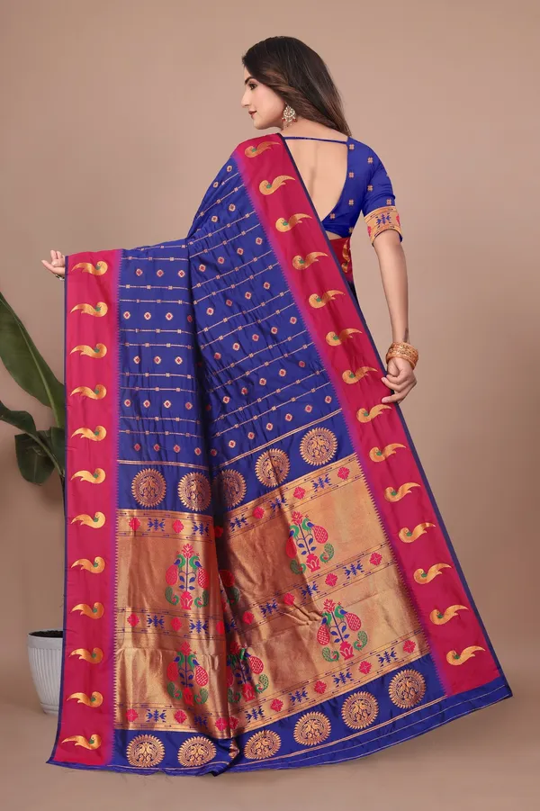 Pure_Silk_Paithani_Saree_with_Rich_Zari_Woven_Border_&_Peacock_Motifs_|_For_Traditional_Wedding_&_Festivals_|_5.5m_Saree_+_0.8m_Blouse_(Royal_Blue_&_Maroon)