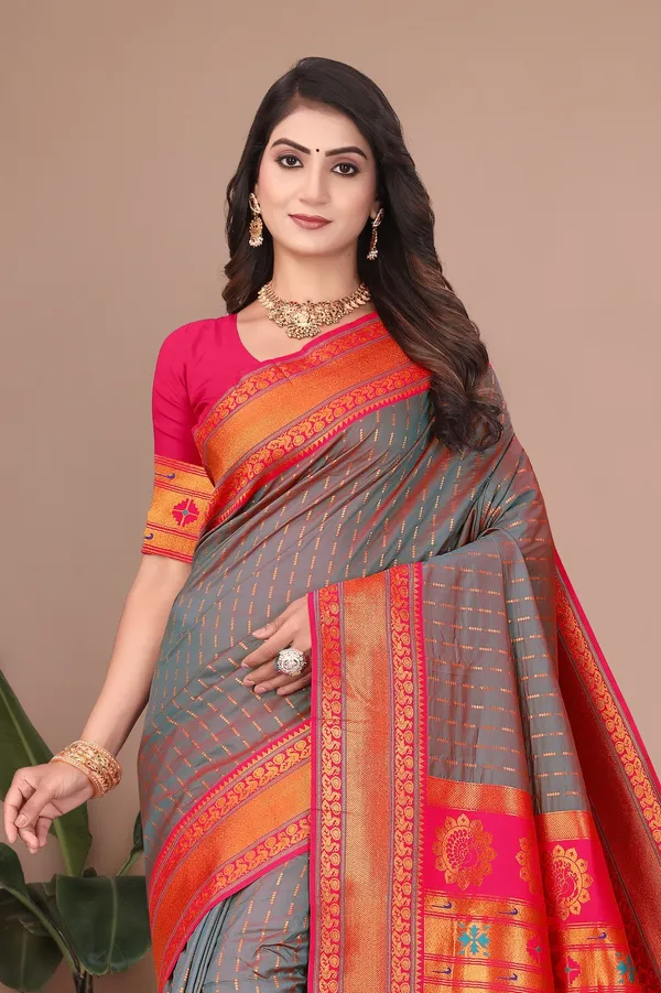 Pure_Silk_Paithani_Saree_with_Rich_Zari_Woven_Border_&_Peacock_Motifs_|_For_Traditional_Wedding_&_Festivals_|_5.5m_Saree_+_0.8m_Blouse_(Reddish_Grey_&_Pink)
