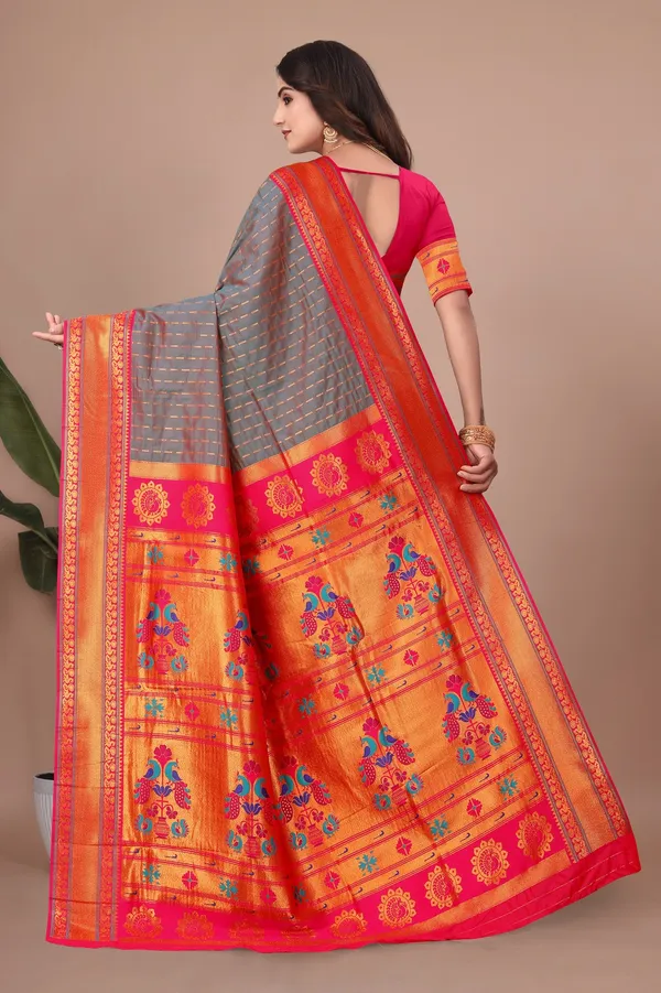 Pure_Silk_Paithani_Saree_with_Rich_Zari_Woven_Border_&_Peacock_Motifs_|_For_Traditional_Wedding_&_Festivals_|_5.5m_Saree_+_0.8m_Blouse_(Reddish_Grey_&_Pink)