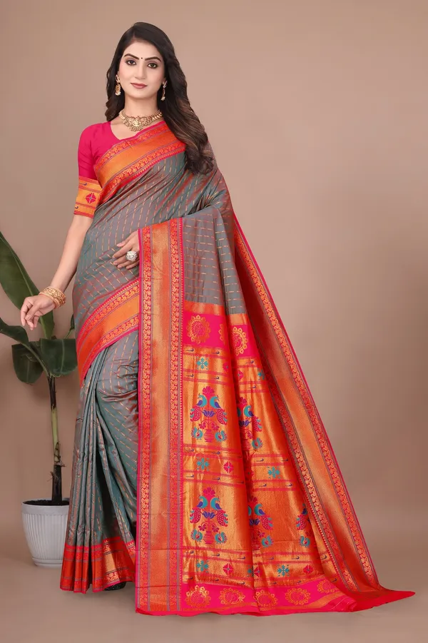 Pure_Silk_Paithani_Saree_with_Rich_Zari_Woven_Border_&_Peacock_Motifs_|_For_Traditional_Wedding_&_Festivals_|_5.5m_Saree_+_0.8m_Blouse_(Reddish_Grey_&_Pink)