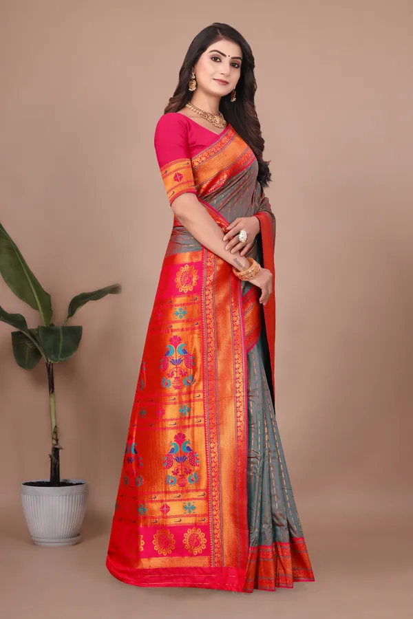 Pure_Silk_Paithani_Saree_with_Rich_Zari_Woven_Border_&_Peacock_Motifs_|_For_Traditional_Wedding_&_Festivals_|_5.5m_Saree_+_0.8m_Blouse_(Reddish_Grey_&_Pink)