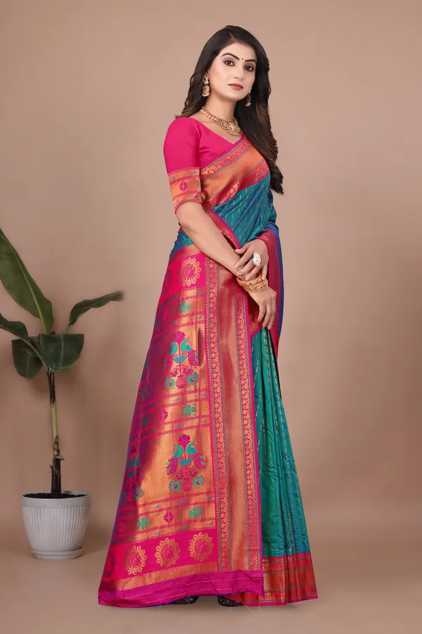 Pure_Silk_Paithani_Saree_with_Rich_Zari_Woven_Border_&_Peacock_Motifs_|_For_Traditional_Wedding_&_Festivals_|_5.5m_Saree_+_0.8m_Blouse_(Aqua_Blue_&_Pink)