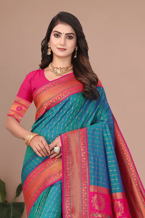 Pure_Silk_Paithani_Saree_with_Rich_Zari_Woven_Border_&_Peacock_Motifs_|_For_Traditional_Wedding_&_Festivals_|_5.5m_Saree_+_0.8m_Blouse_(Aqua_Blue_&_Pink)