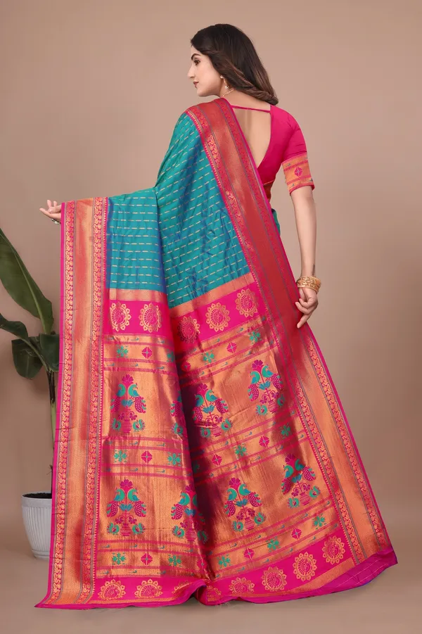Pure_Silk_Paithani_Saree_with_Rich_Zari_Woven_Border_&_Peacock_Motifs_|_For_Traditional_Wedding_&_Festivals_|_5.5m_Saree_+_0.8m_Blouse_(Aqua_Blue_&_Pink)