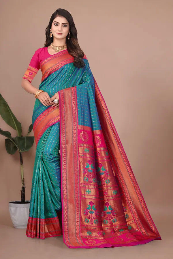 Pure_Silk_Paithani_Saree_with_Rich_Zari_Woven_Border_&_Peacock_Motifs_|_For_Traditional_Wedding_&_Festivals_|_5.5m_Saree_+_0.8m_Blouse_(Aqua_Blue_&_Pink)