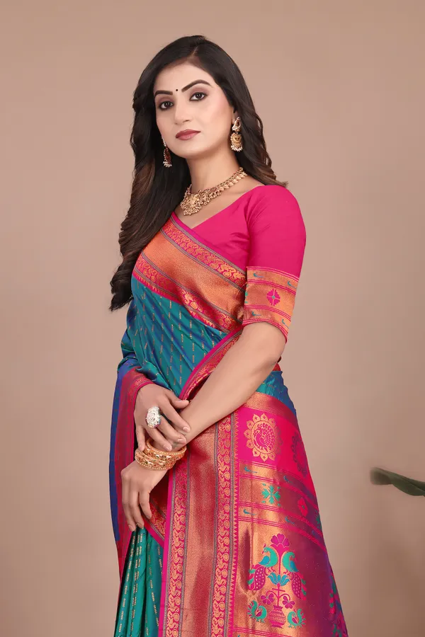 Pure_Silk_Paithani_Saree_with_Rich_Zari_Woven_Border_&_Peacock_Motifs_|_For_Traditional_Wedding_&_Festivals_|_5.5m_Saree_+_0.8m_Blouse_(Aqua_Blue_&_Pink)