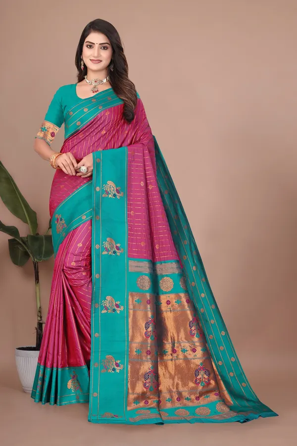 Pure_Silk_Paithani_Saree_with_Rich_Zari_Woven_Border_&_Peacock_Motifs_|_For_Traditional_Wedding_&_Festivals_|_5.5m_Saree_+_0.8m_Blouse_(Purple_&_Eastern_Blue)