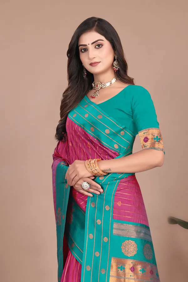 Pure_Silk_Paithani_Saree_with_Rich_Zari_Woven_Border_&_Peacock_Motifs_|_For_Traditional_Wedding_&_Festivals_|_5.5m_Saree_+_0.8m_Blouse_(Purple_&_Eastern_Blue)