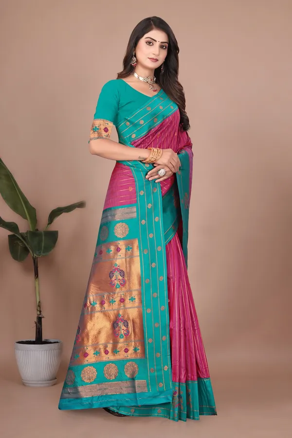 Pure_Silk_Paithani_Saree_with_Rich_Zari_Woven_Border_&_Peacock_Motifs_|_For_Traditional_Wedding_&_Festivals_|_5.5m_Saree_+_0.8m_Blouse_(Purple_&_Eastern_Blue)
