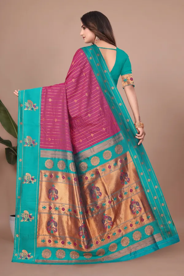 Pure_Silk_Paithani_Saree_with_Rich_Zari_Woven_Border_&_Peacock_Motifs_|_For_Traditional_Wedding_&_Festivals_|_5.5m_Saree_+_0.8m_Blouse_(Purple_&_Eastern_Blue)