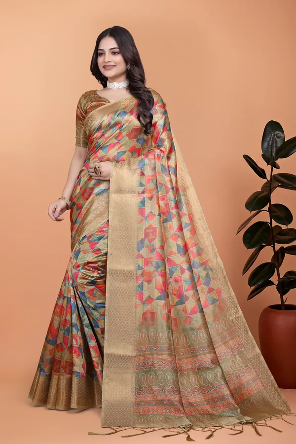 Golden_&_Multicolor_Women's_Elegant_Soft_Silk_Blend_Saree_with_Zari_Border_&_Designer_Printed_Pallu_for_Women_|_For_Traditional,_Festive_&_Wedding_|_5.5m_Saree_+_0.8m_Blouse