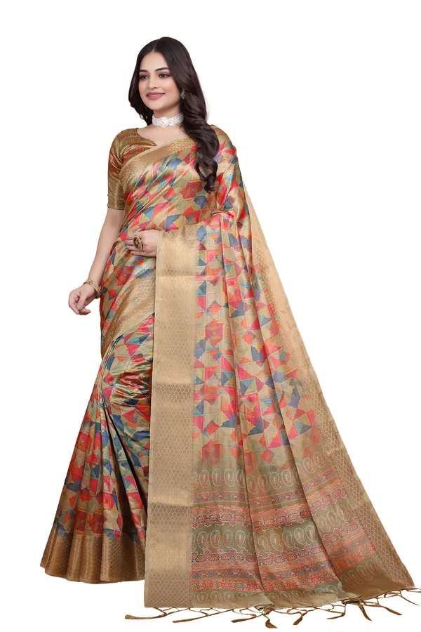 Golden_&_Multicolor_Women's_Elegant_Soft_Silk_Blend_Saree_with_Zari_Border_&_Designer_Printed_Pallu_for_Women_|_For_Traditional,_Festive_&_Wedding_|_5.5m_Saree_+_0.8m_Blouse