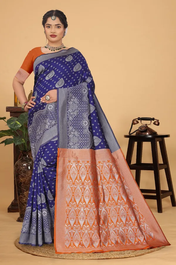 Women's_Banarasi_Silk_Saree_for_Women_|_Traditional_Woven_Saree_with_Contrast_Border_&_Pallu_|_For_Traditional,_Festive_&_Wedding_Saree_with_Blouse_Piece_(Silver_-_Dark_Blue_&_Orange)