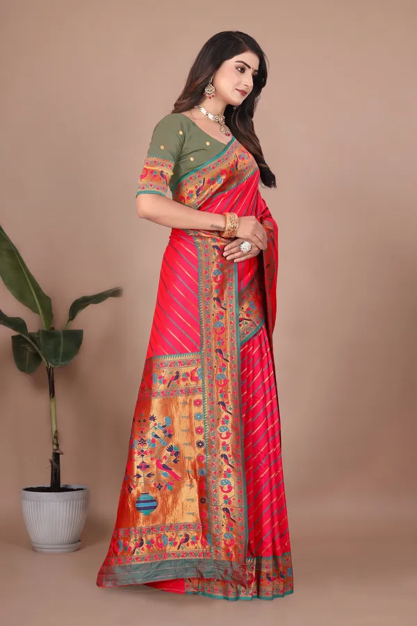 Pure_Silk_Paithani_Saree_with_Rich_Zari_Tree_&_Peacock_Motifs_|_For_Traditional_Wedding_&_Festivals_|_5.5m_Saree_+_0.8m_Blouse_(Bright_Red_&_Green)
