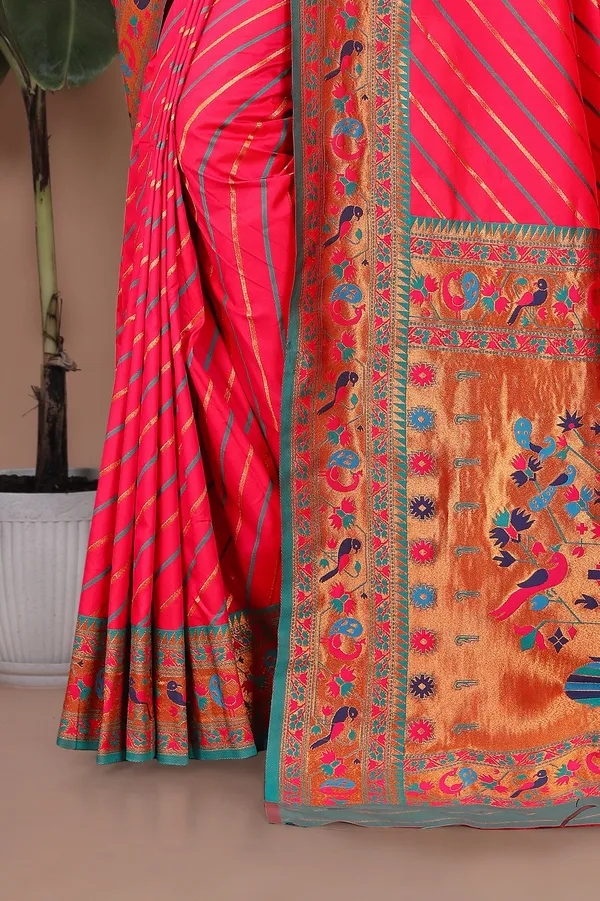Pure_Silk_Paithani_Saree_with_Rich_Zari_Tree_&_Peacock_Motifs_|_For_Traditional_Wedding_&_Festivals_|_5.5m_Saree_+_0.8m_Blouse_(Bright_Red_&_Green)