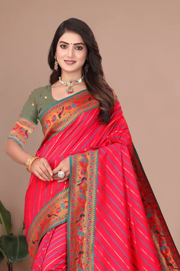 Pure_Silk_Paithani_Saree_with_Rich_Zari_Tree_&_Peacock_Motifs_|_For_Traditional_Wedding_&_Festivals_|_5.5m_Saree_+_0.8m_Blouse_(Bright_Red_&_Green)