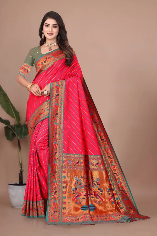 Pure_Silk_Paithani_Saree_with_Rich_Zari_Tree_&_Peacock_Motifs_|_For_Traditional_Wedding_&_Festivals_|_5.5m_Saree_+_0.8m_Blouse_(Bright_Red_&_Green)
