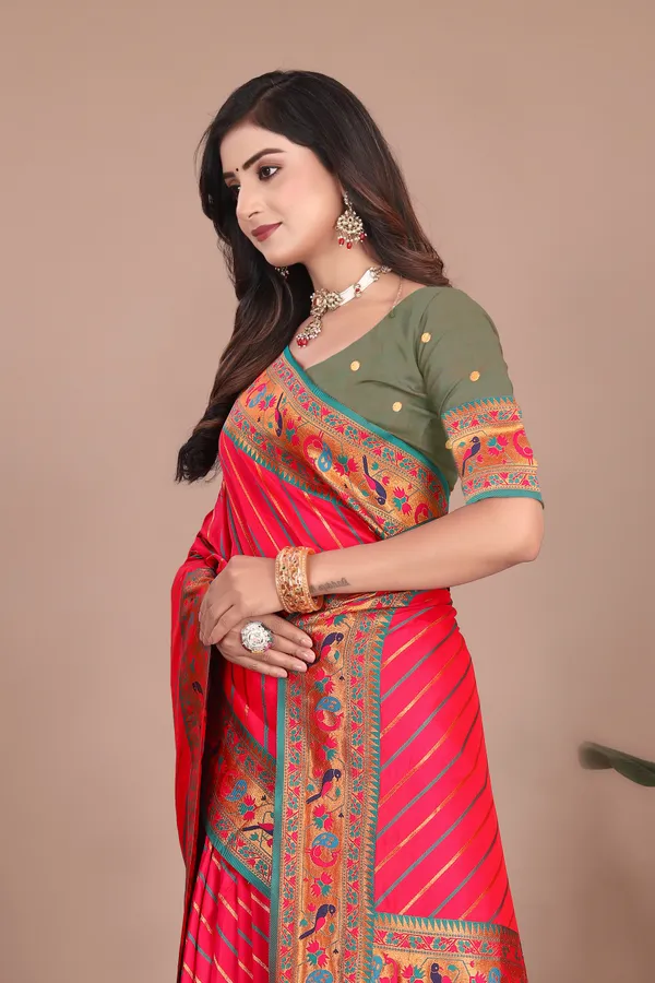 Pure_Silk_Paithani_Saree_with_Rich_Zari_Tree_&_Peacock_Motifs_|_For_Traditional_Wedding_&_Festivals_|_5.5m_Saree_+_0.8m_Blouse_(Bright_Red_&_Green)