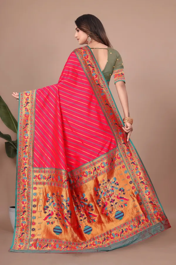 Pure_Silk_Paithani_Saree_with_Rich_Zari_Tree_&_Peacock_Motifs_|_For_Traditional_Wedding_&_Festivals_|_5.5m_Saree_+_0.8m_Blouse_(Bright_Red_&_Green)