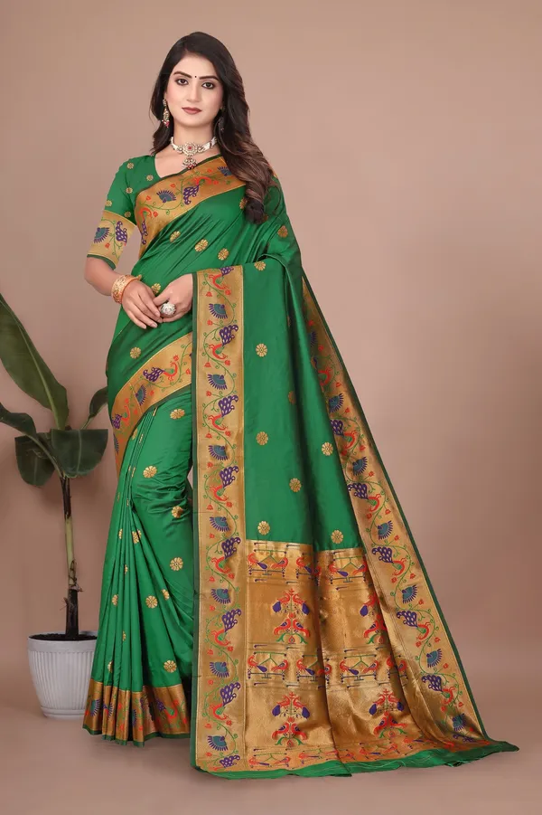 Pure_Silk_Paithani_Saree_with_Rich_Zari_Woven_Border_&_Peacock_Motifs_|_For_Traditional_Wedding_&_Festivals_|_5.5m_Saree_+_0.8m_Blouse_(Dark_Green)