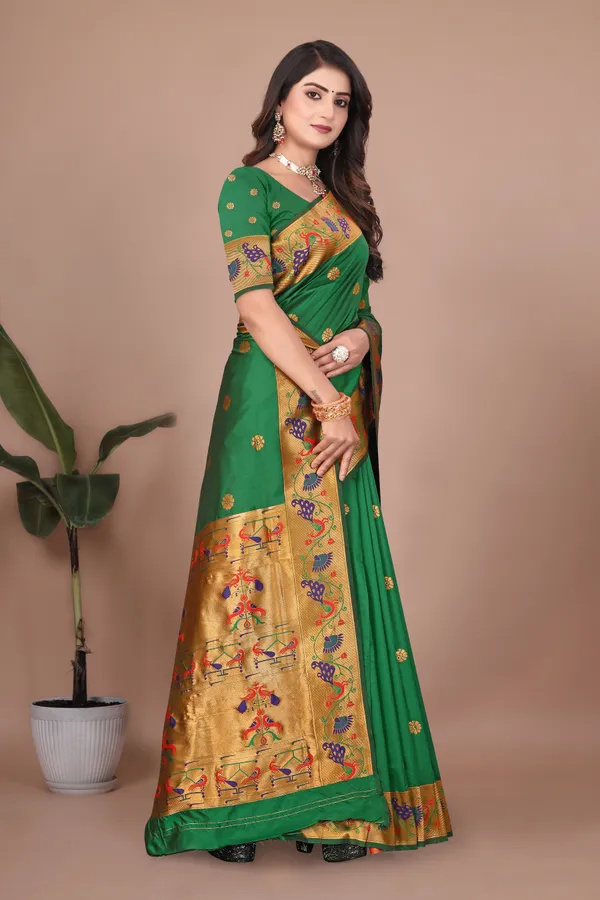 Pure_Silk_Paithani_Saree_with_Rich_Zari_Woven_Border_&_Peacock_Motifs_|_For_Traditional_Wedding_&_Festivals_|_5.5m_Saree_+_0.8m_Blouse_(Dark_Green)