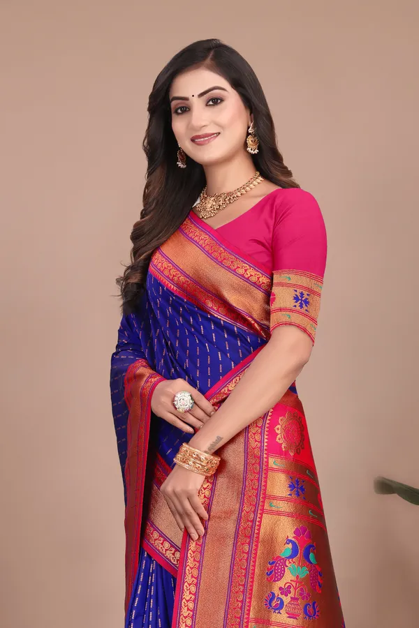 Pure_Silk_Paithani_Saree_with_Rich_Zari_Woven_Border_&_Peacock_Motifs_|_For_Traditional_Wedding_&_Festivals_|_5.5m_Saree_+_0.8m_Blouse_(Violet_Blue_&_Pink)