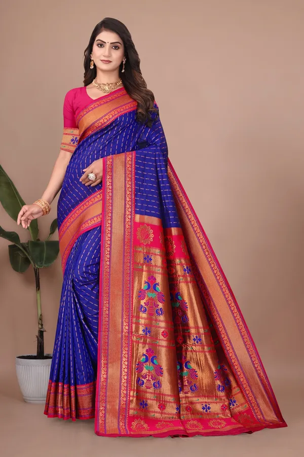 Pure_Silk_Paithani_Saree_with_Rich_Zari_Woven_Border_&_Peacock_Motifs_|_For_Traditional_Wedding_&_Festivals_|_5.5m_Saree_+_0.8m_Blouse_(Violet_Blue_&_Pink)
