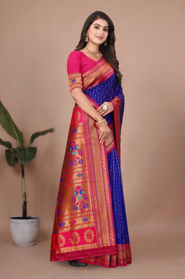 Pure_Silk_Paithani_Saree_with_Rich_Zari_Woven_Border_&_Peacock_Motifs_|_For_Traditional_Wedding_&_Festivals_|_5.5m_Saree_+_0.8m_Blouse_(Violet_Blue_&_Pink)