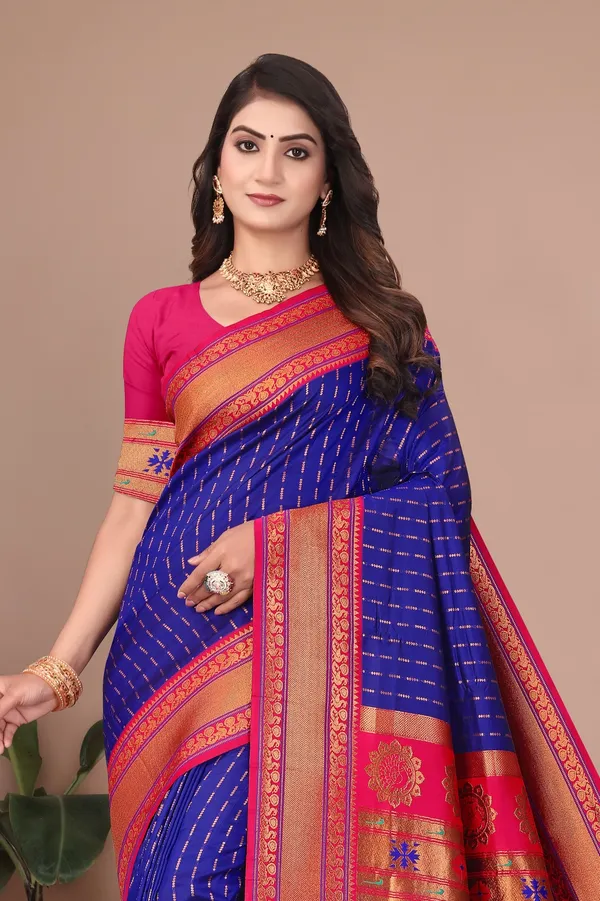 Pure_Silk_Paithani_Saree_with_Rich_Zari_Woven_Border_&_Peacock_Motifs_|_For_Traditional_Wedding_&_Festivals_|_5.5m_Saree_+_0.8m_Blouse_(Violet_Blue_&_Pink)